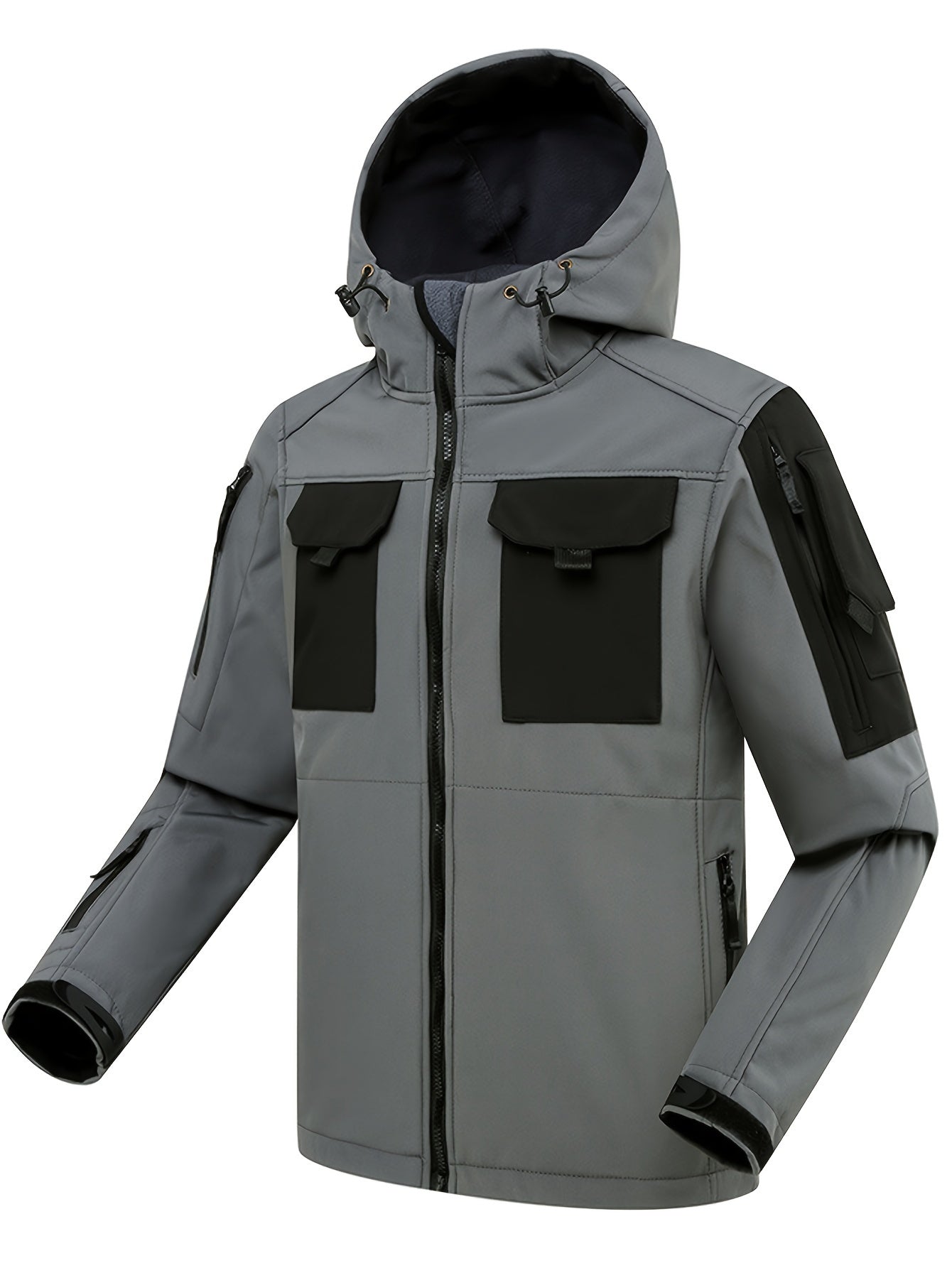Men's Outdoor Zip Up Softshell Jacket With Pockets, Waterproof, Scratch Resistant And Warm Hooded Jacket For Outdoors