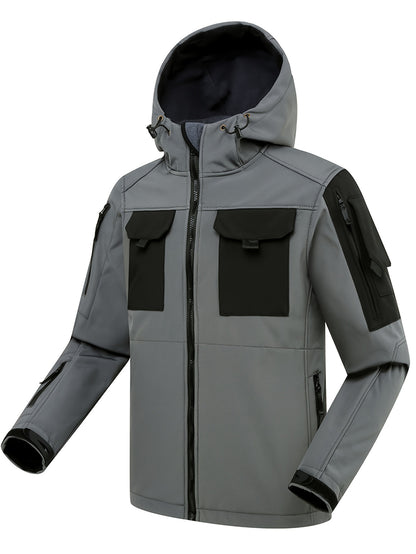 Men's Outdoor Zip Up Softshell Jacket With Pockets, Waterproof, Scratch Resistant And Warm Hooded Jacket For Outdoors