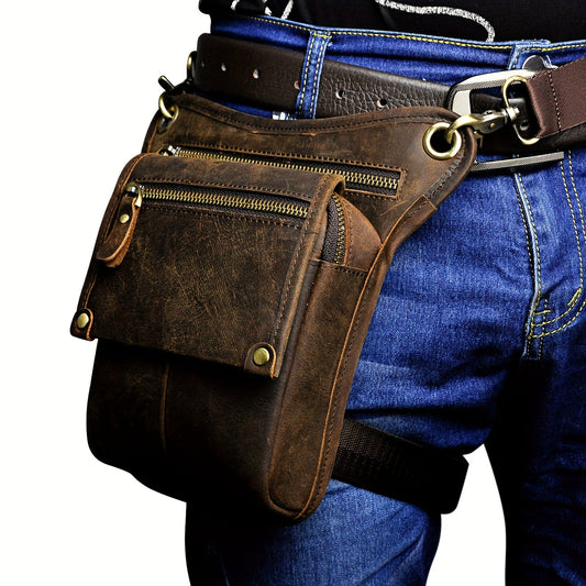 Men's Genuine Leather Vintage Sling Bag - Casual Classic Brown Travel Fanny Pack with Multiple Zippered Pockets & Adjustable Strap