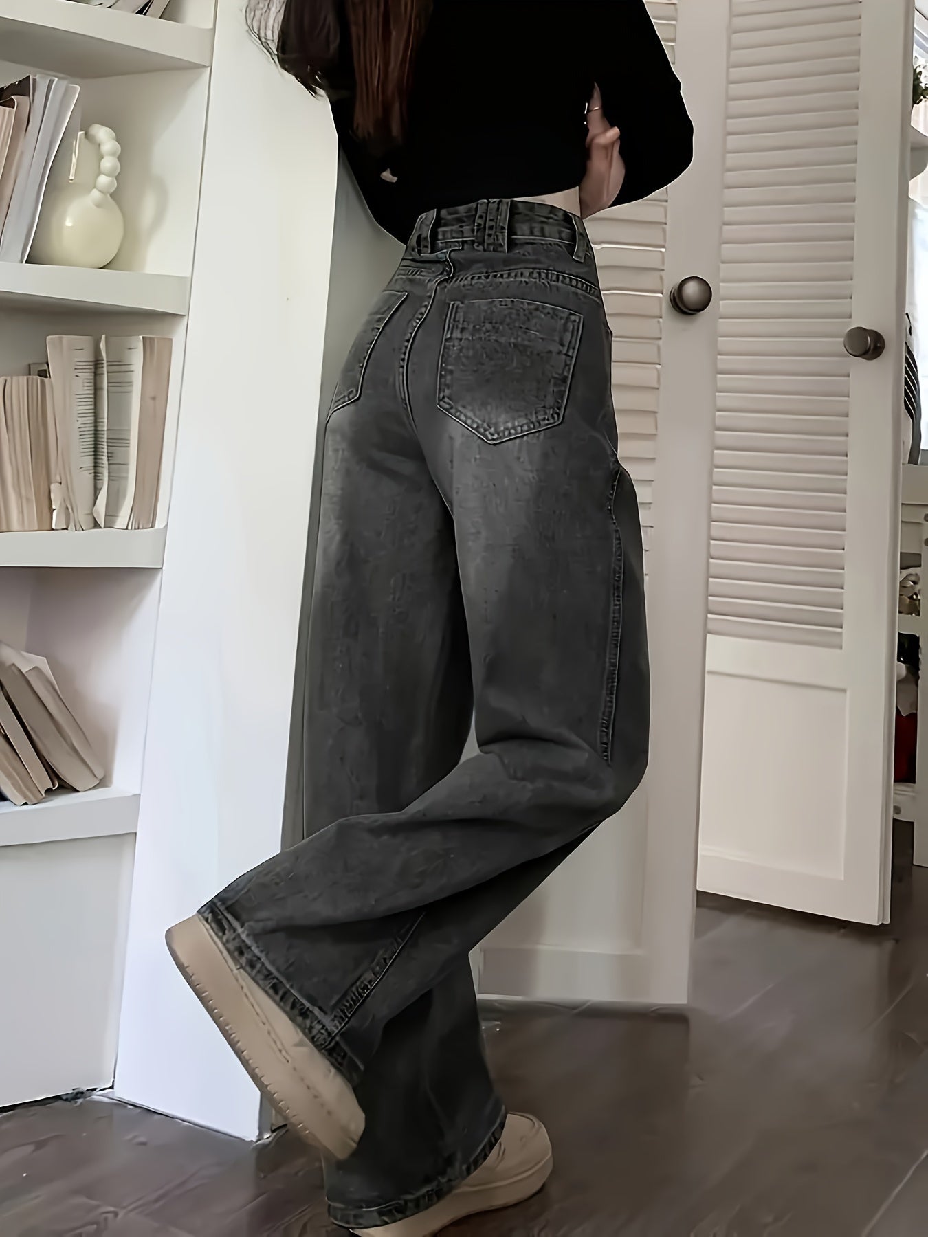 Retro Style Distressed Washed Plain Loose Fit Wide Leg Washed Blue Casual Style Zipper Button Closure Denim Pants, Women's Denim Jeans & Clothing