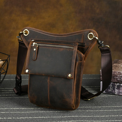 Men's Genuine Leather Vintage Sling Bag - Casual Classic Brown Travel Fanny Pack with Multiple Zippered Pockets & Adjustable Strap