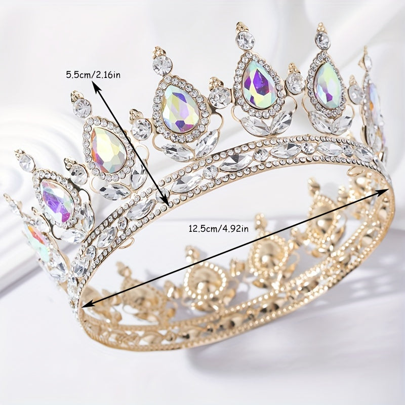1pc Baroque Style Round Crown Princess Queen's Round Crown Bridal Wedding Birthday Hair Accessories, Retro Style