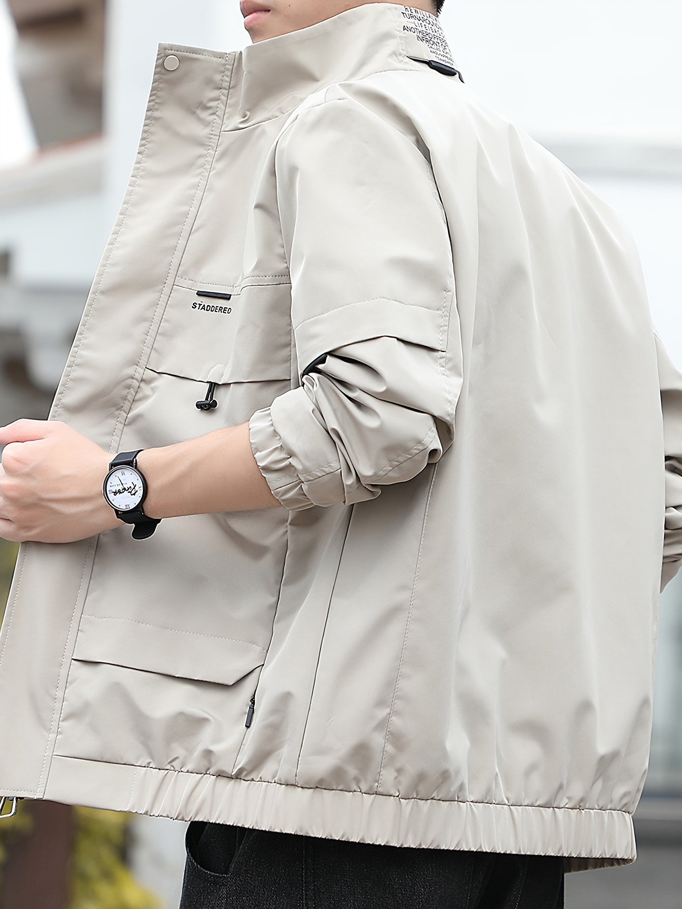Home Relaxation| Men's Iron Wood OBM Cargo Jacket - Beige Long Sleeve, Stand Collar, Durable Polyester Blend, Zip-Up Outdoor Coat with Multiple Pockets for Casual & Outdoor Wear in Fall/Winter