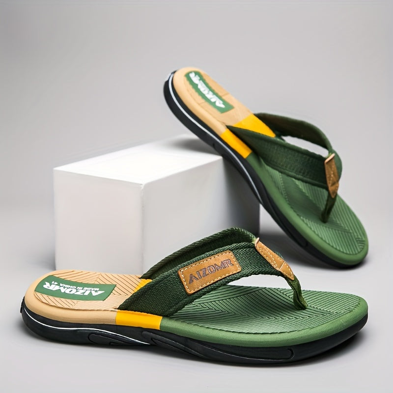 Men's Summer Flip-Flops - Non-Slip, Odor-Resistant Beach Sandals with Arch Support, Green & Yellow Striped Design, Comfortable EVA Upper & Rubber Sole for Everyday and Casual Wear, Leisure Comfort | Casual Style | Durable San