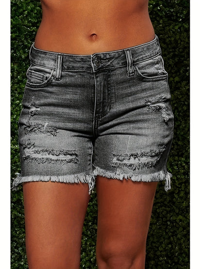 Women's retro washed ripped shorts- comfortable fit, faux gray with frayed edges and worn-out details, casual summer style, polyester blend, washable, shorts