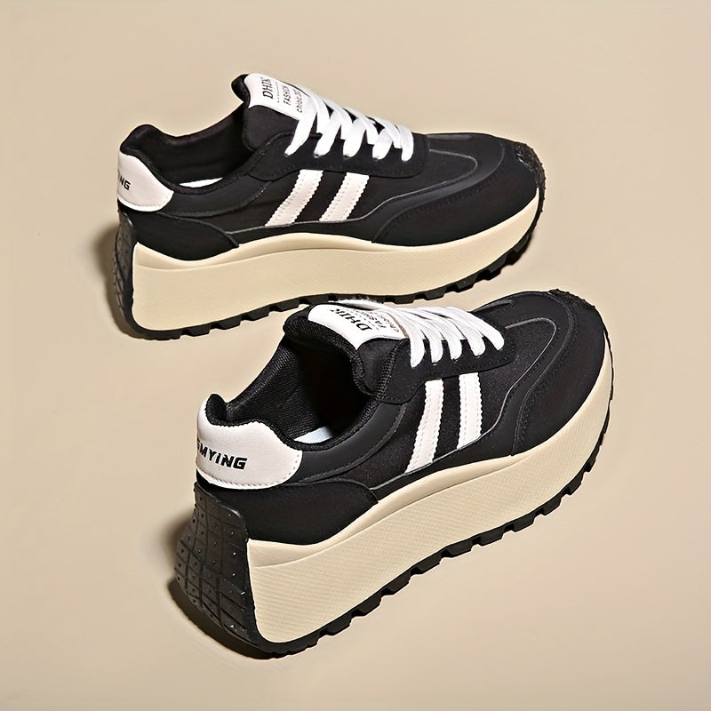 1 Pair Women'S Fashion Chunky Sneakers 2024, Striped Low Top Lace-Up Sports Shoes, All-Season Lightweight Casual Athletic Footwear with Plain Toe, Fabric Upper & Inner, PVC Sole, No-Print Design