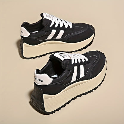 1 Pair Women'S Fashion Chunky Sneakers 2024, Striped Low Top Lace-Up Sports Shoes, All-Season Lightweight Casual Athletic Footwear with Plain Toe, Fabric Upper & Inner, PVC Sole, No-Print Design