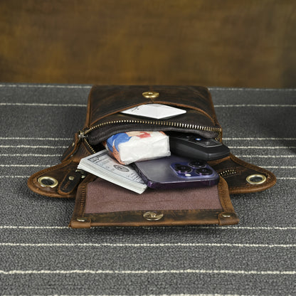 Men's Genuine Leather Vintage Sling Bag - Casual Classic Brown Travel Fanny Pack with Multiple Zippered Pockets & Adjustable Strap