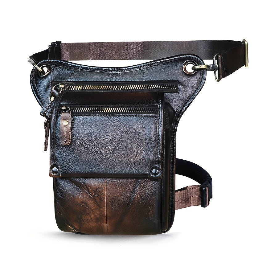 Men's Genuine Leather Vintage Sling Bag - Casual Classic Brown Travel Fanny Pack with Multiple Zippered Pockets & Adjustable Strap