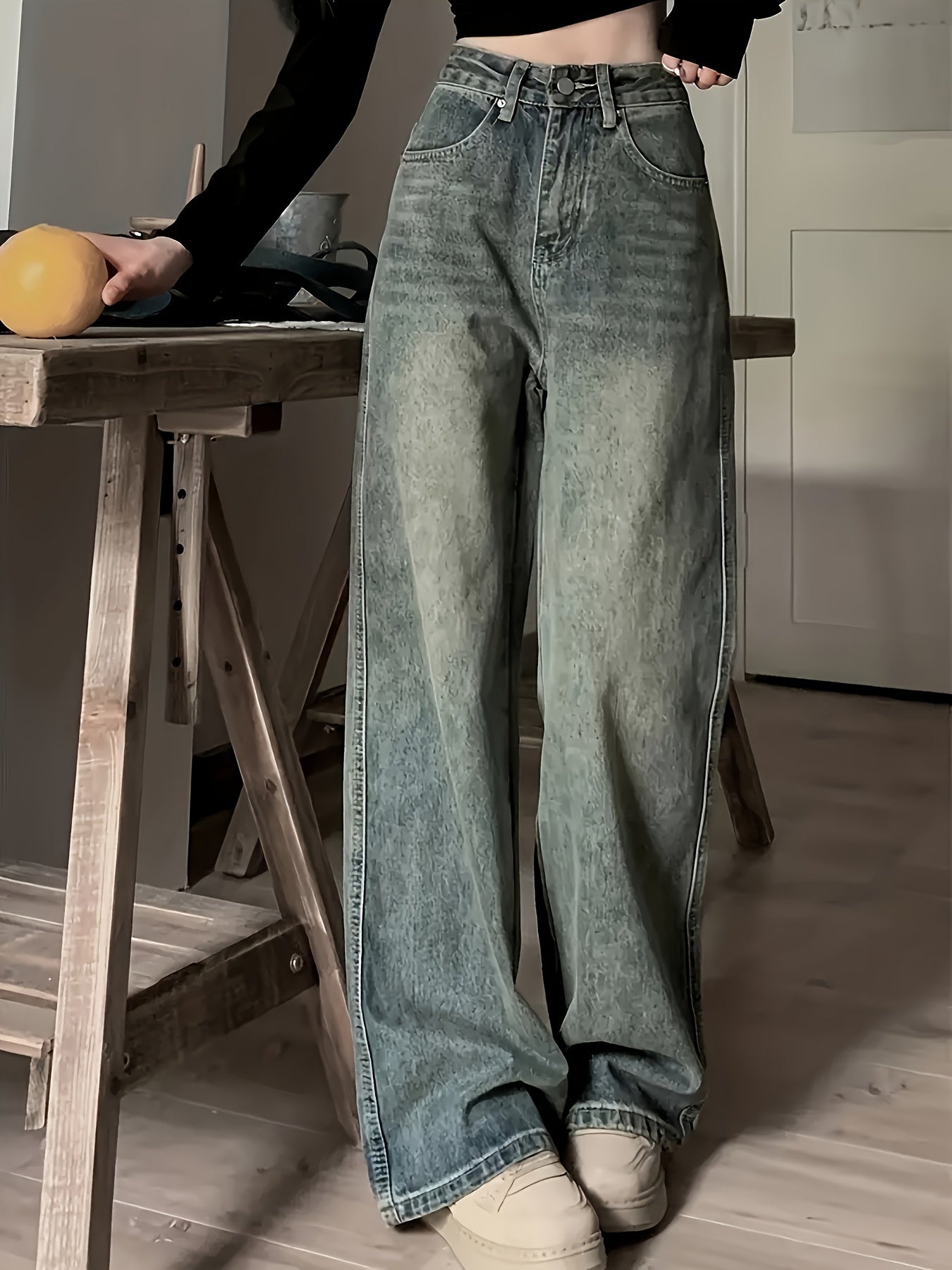 Vintage Loose Straight Leg Jeans With Multi Pockets, Casual Versatile Denim Pants For Women, Women's Clothing & Denim