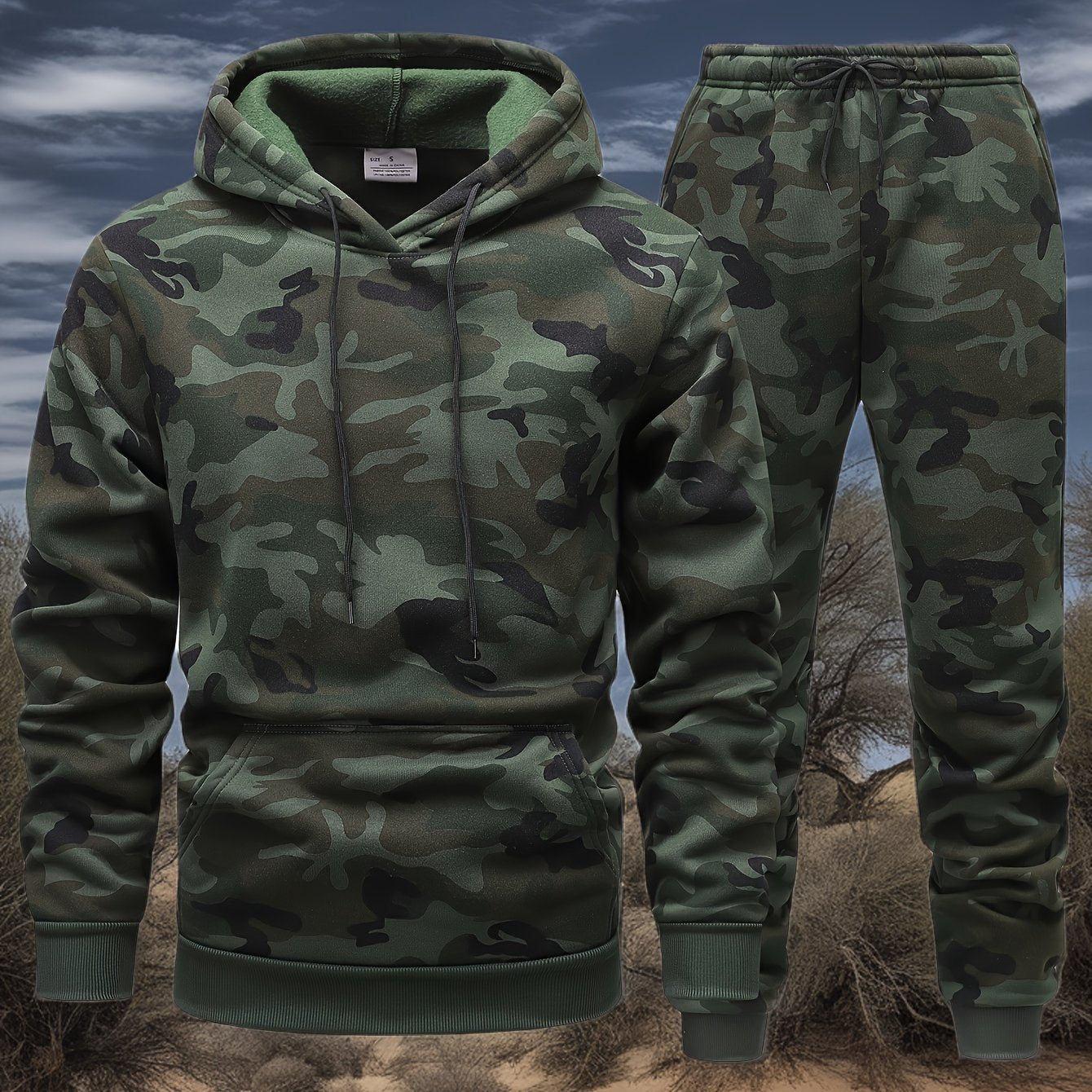 Men'S Camo Hooded Sweatshirt and Pants Set, Casual Outdoor Polyester 100% Full Body Suit, Long Sleeve Pullovers with Drawstring, Regular Fit, 3D Printing, Knit Fabric, Slight Stretch, for Hiking, Camping, Hunting, Running, Tr