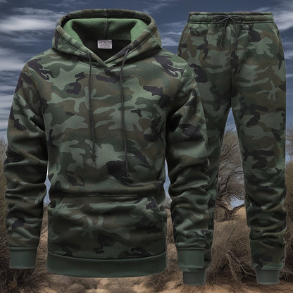 Men'S Camo Hooded Sweatshirt and Pants Set, Casual Outdoor Polyester 100% Full Body Suit, Long Sleeve Pullovers with Drawstring, Regular Fit, 3D Printing, Knit Fabric, Slight Stretch, for Hiking, Camping, Hunting, Running, Tr