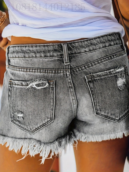 Ladies, Summer Mid-Waist Ripped Stretch Jeans, Shorts, Frayed Burrs, Burrs Hem, Casual Straight-Breasted Denim Shorts