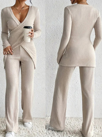 Women's Ribbed Fall Set Solid Color V-Neck Long Sleeve Slim Fit Cross Front Tops Long Pants 2pcs Outfits