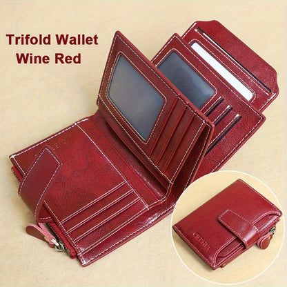 Genuine Leather RFID Blocking Wallet for Women - Stylish Bifold Card Holder with Detachable ID Window, Zipper Coin Pocket & Multiple Compartments, Red, Travel Accessory | Rfid Safe Wallet | Durable Leather, Card Holder Wallet