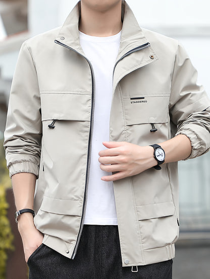 Home Relaxation| Men's Iron Wood OBM Cargo Jacket - Beige Long Sleeve, Stand Collar, Durable Polyester Blend, Zip-Up Outdoor Coat with Multiple Pockets for Casual & Outdoor Wear in Fall/Winter