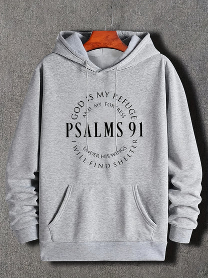 Stylish Psalms 91 Graphic Hoodie - Soft, Comfy, Loose Fit with Kangaroo Pocket, Drawstring, and Trendy Design - Autumn Winter Essential for Men