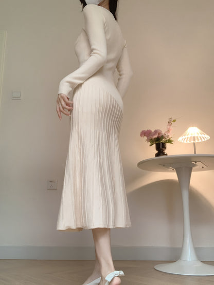 Long Sleeve V-Neck Knit Dress, Polyester, Polyamide, Viscose Blend, Middle Eastern Style, Autumn/Winter, Floor-Length, A-Line, Hand Wash Or Dry Clean