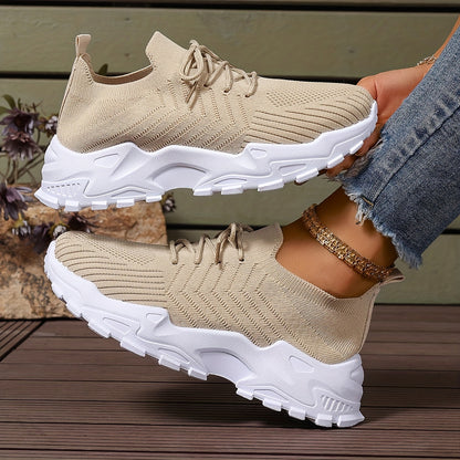 Women's Solid Color Fashion Sneakers - Casual Breathable Mesh Running Shoes with Lace-up Closure, Comfortable All-Season Walking Shoes with Anti-Slip PVC Sole, Low Top Design - Taizhou Exclusive