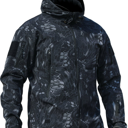 Men's Camouflage Printed Jacket, Softshell Hooded Outdoor Sports Coat, Hiking Casual Garment