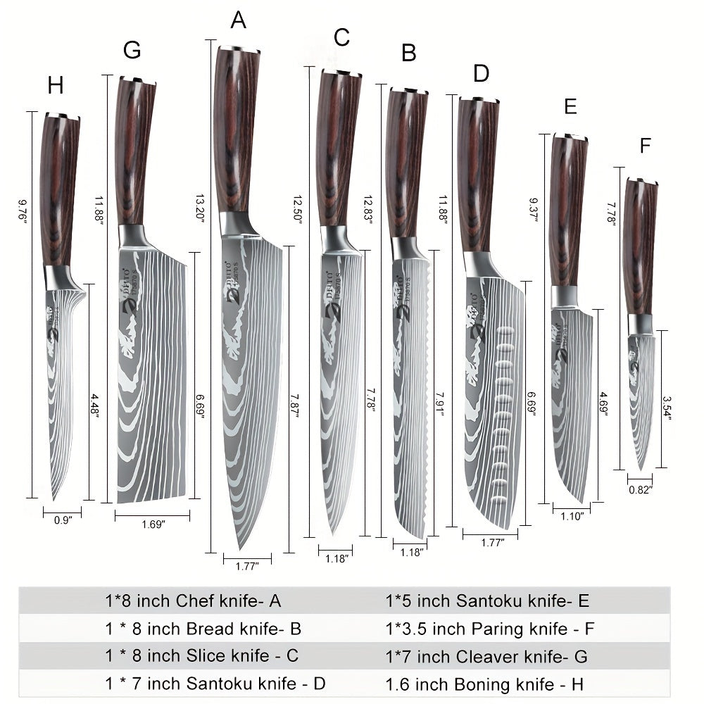 8PCS Sharp Japanese Kitchen Knives Set Professional Chef Knife Santoku Knife, Paring Knife, Cleaver Knife, Utility Knife, Bread Knife, Boning Knife, Butcher's Knife, Vegetable Knife, Fish Filleting Knife, Steak Knife With Sha