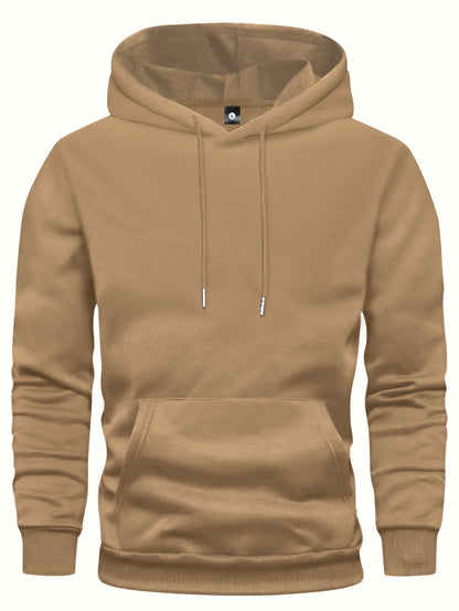 5pcs Men's Long Sleeve Hoodies, Solid Color Polyester Pullovers with Drawstring and Kangaroo Pocket, Casual Sports Jogging Tops for Spring/Fall - Regular Fit Knit Fabric Hooded Sweatshirts