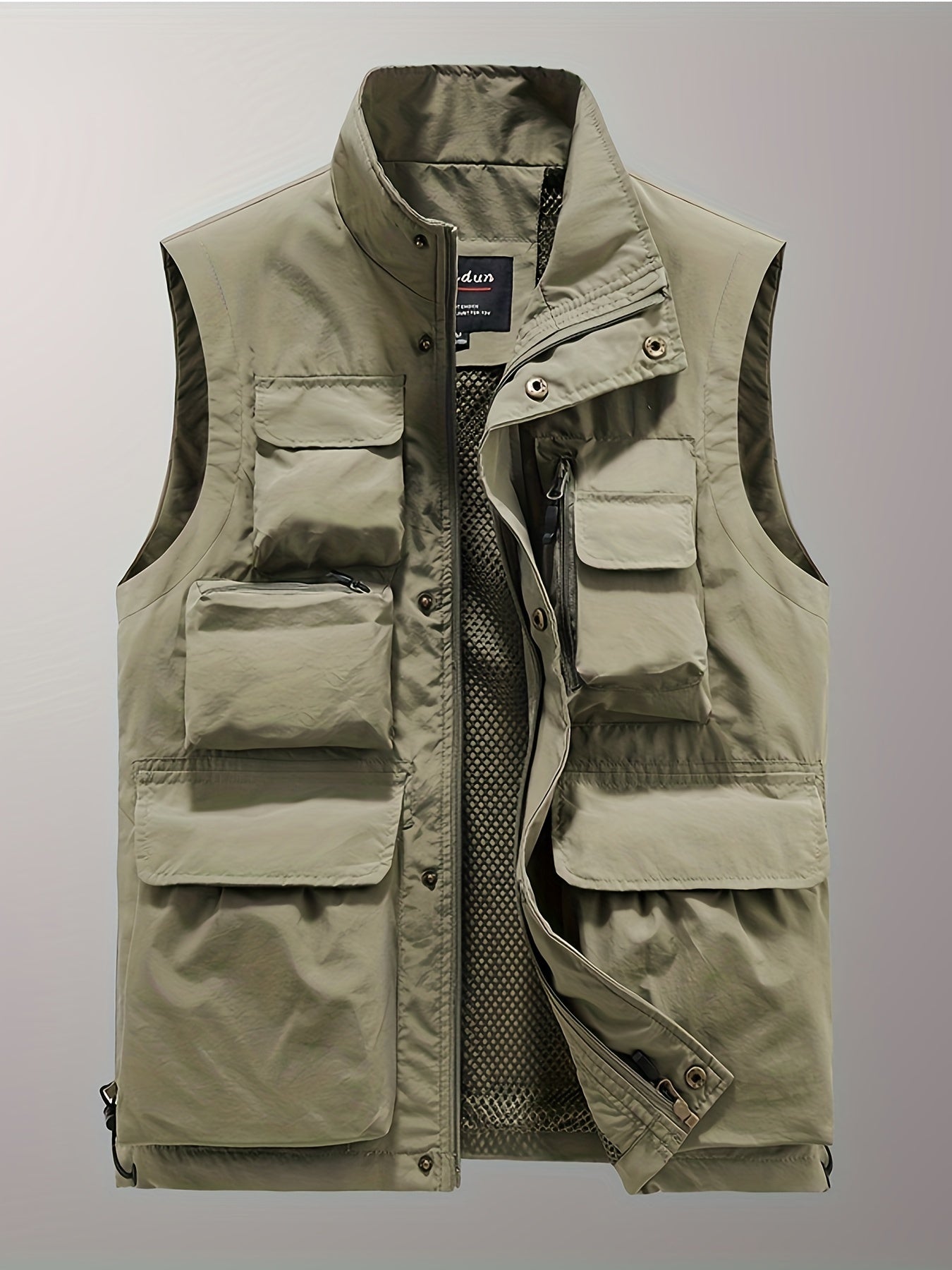 Men's Solid Tank Top With Multi Pockets, Casual Stand Collar Sleeveless Slim-fit Top, Men's Clothing For Outdoor