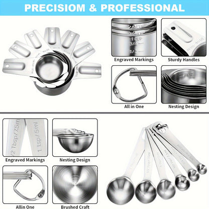 20pcs/set, Measuring Cups And Spoons Set, Stainless Steel Measuring Cups And Spoons Set, Including Stackable Measuring Cup And Measuring Spoons, 1 Leveler For Dry And Liquid Ingredients, Baking Tools, Kitchen Stuff