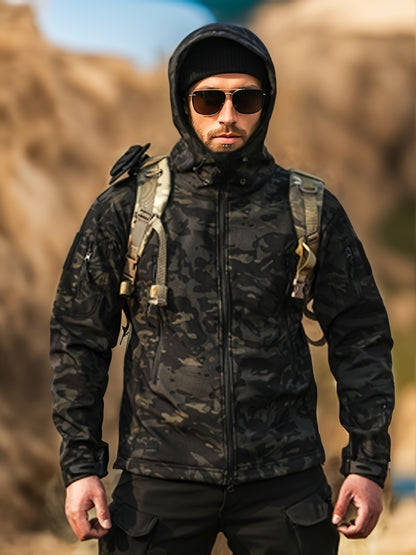 Men's Camouflage Printed Jacket, Softshell Hooded Outdoor Sports Coat, Hiking Casual Garment