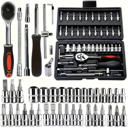 216/46pcs High Quality Multifunctional Heat Treated Chrome Vanadium Steel Ultimate Car Mechanic Tool Set, Premium Torque Wrench Set, Ultra Portable, Integrated Solution for Car, Bike And Motorcycle Maintenance
