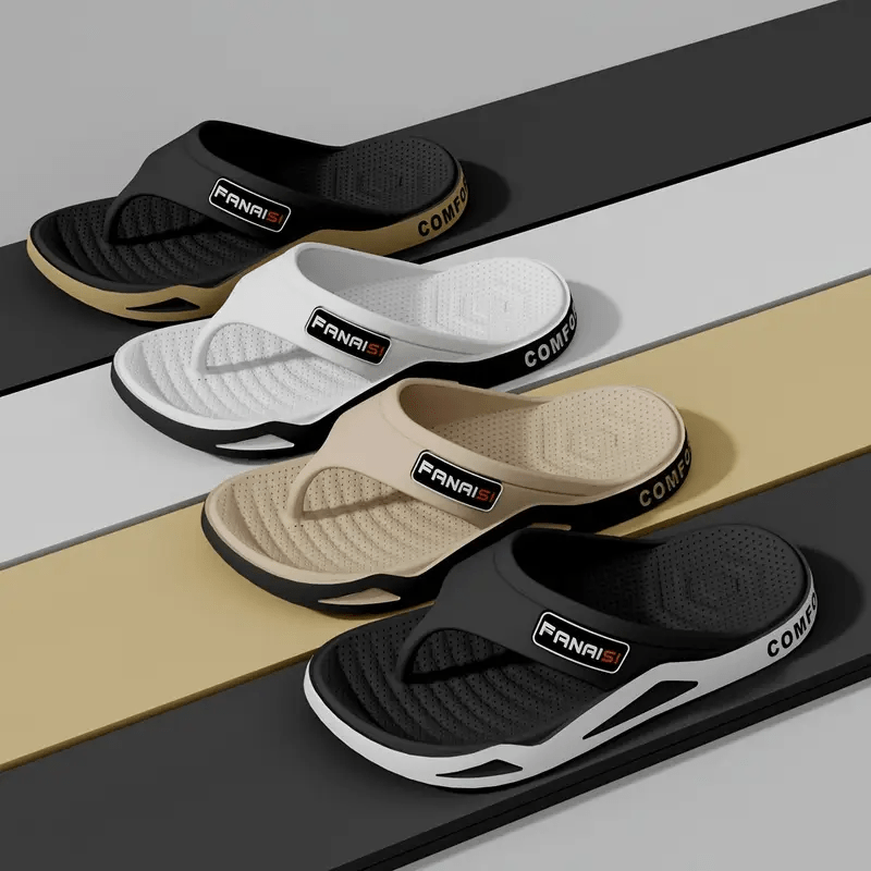 Men's Stylish Flip-Flops - Comfortable PVC Material, Non-Slip Sole, Arch Support Strap, Perfect for Beach & Casual Wear (Black/White/Beige), Beach Accessories