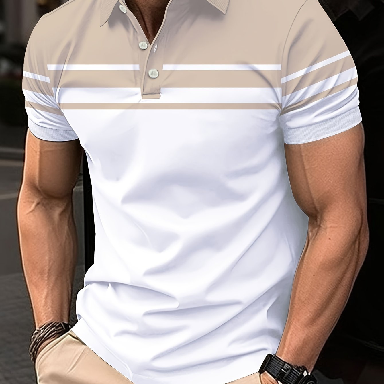 Men's Stripes Color Blocking Print Summer Short Sleeve Lapel T-shirt, Casual Comfy Sports Top As Gift