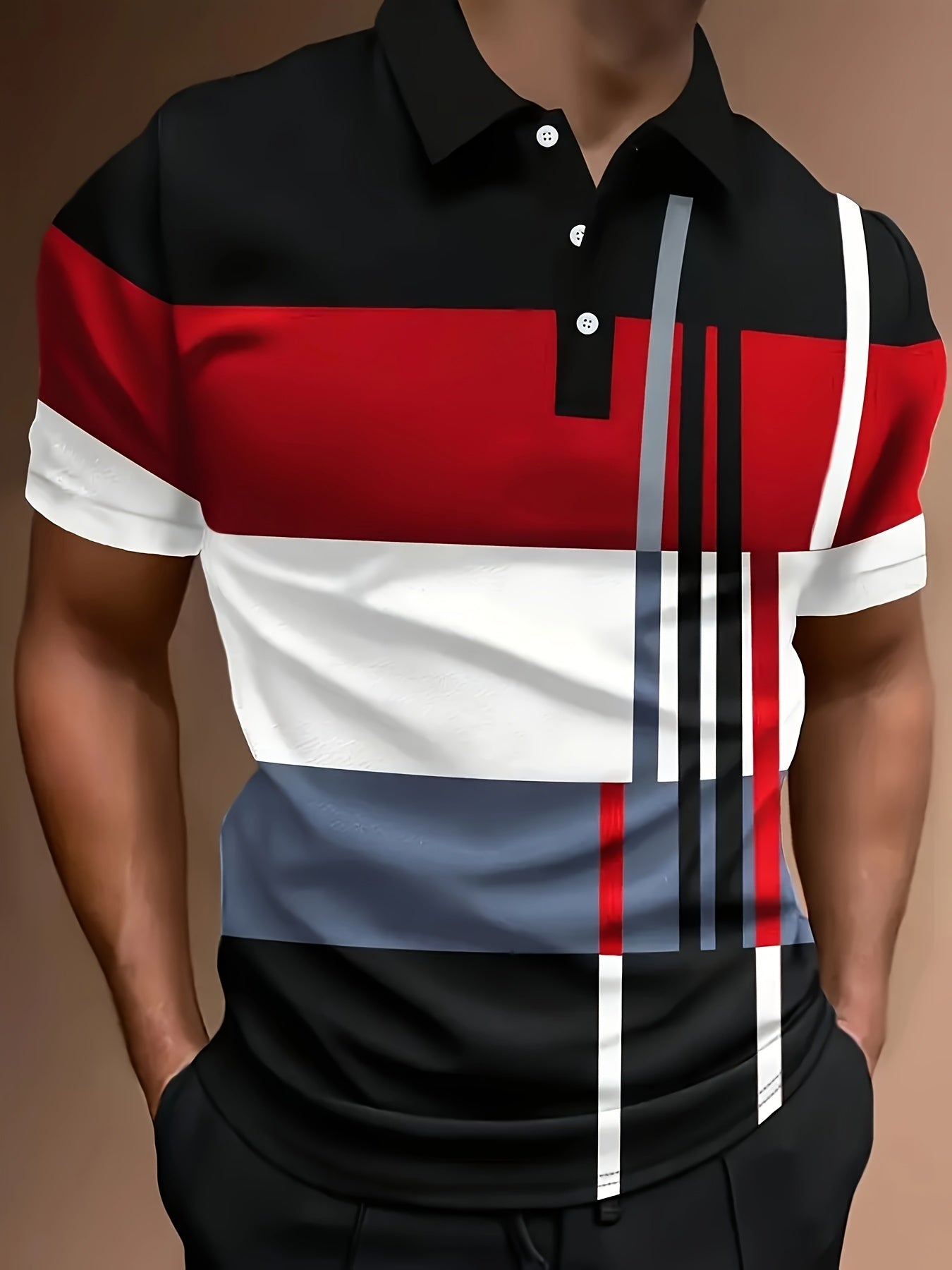 2024 Men'S Casual Geometric Print Knit Polo-Style Shirt with Lapel Collar and Slight Stretch - 100% Polyester Material - Regular Fit