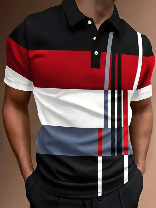 2024 Men'S Casual Geometric Print Knit Polo-Style Shirt with Lapel Collar and Slight Stretch - 100% Polyester Material - Regular Fit