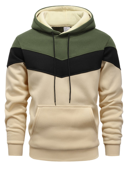 Mens Color Block Hooded Pullover Hoodie - Soft Slight Stretch Polyester Fabric, Long Sleeve, Regular Fit, Contrast Collar, Kangaroo Pocket, Hand Wash Only - Perfect Winter and Fall Streetwear Gift for Him