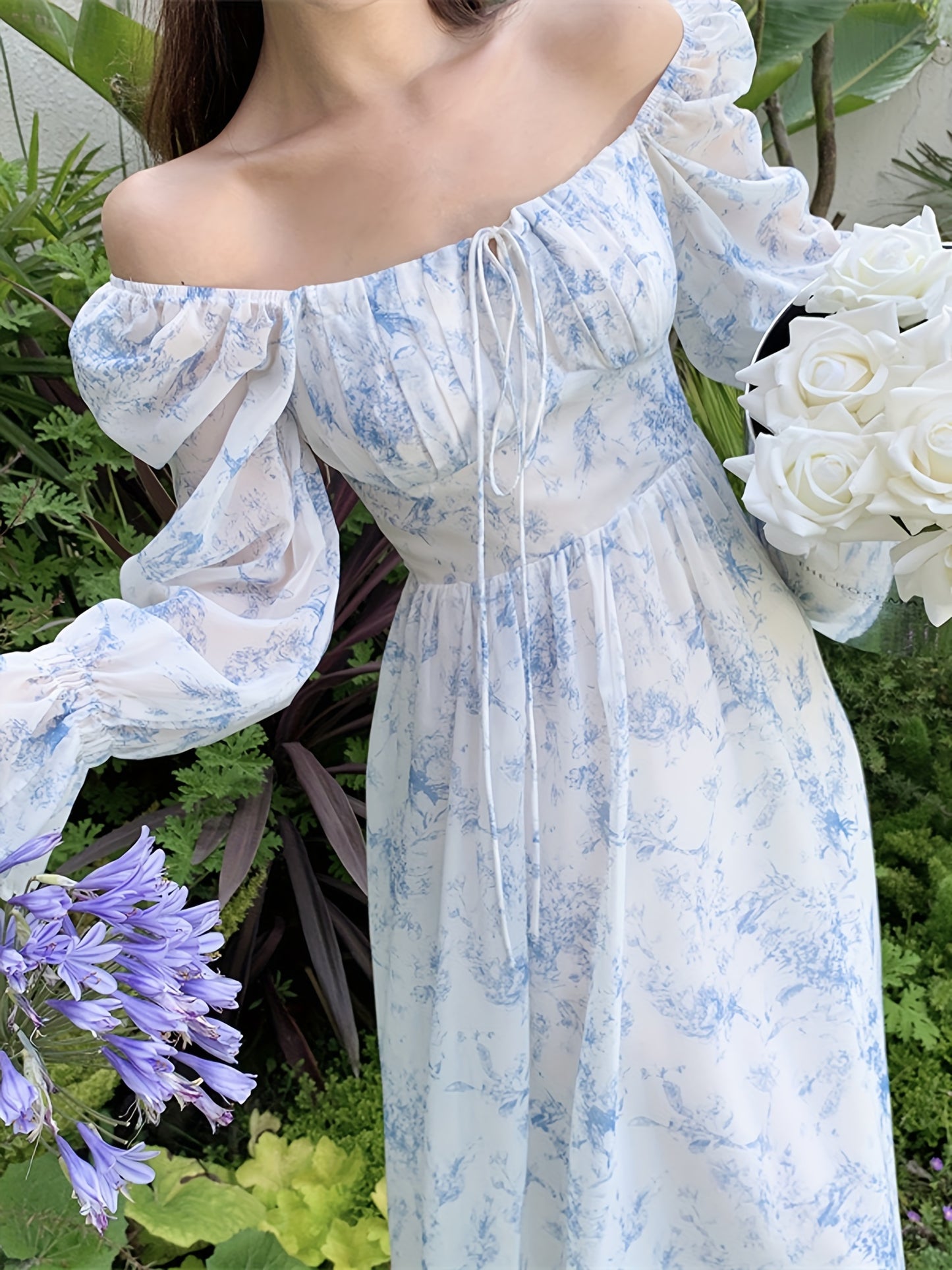 Elegant Floral Chiffon Midi Dress with Bell Sleeves - Square Neck, Long Sleeve, Lightweight, All-Season Wear for Women, Long Sleeve Dress
