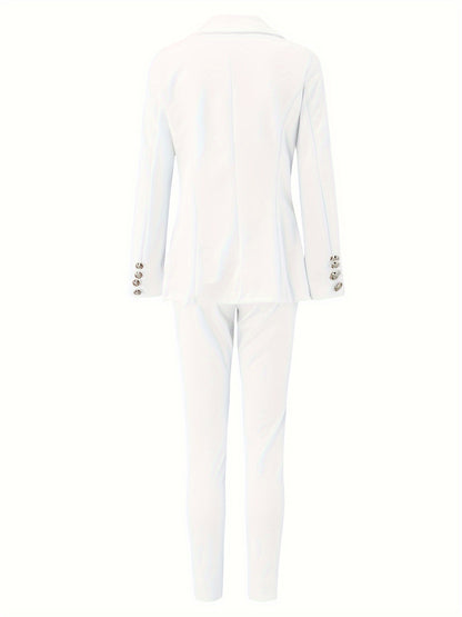 Business Casual Two-piece Set, Double-breasted Lapel Blazer & Slim Pants Outfits, Women'S Clothing