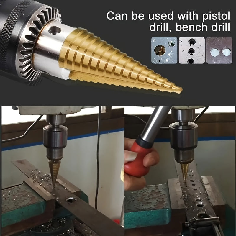3pcs Titanium-Coated High-Speed Steel Step Drill Bit Set for Wood & Metal - Durable, Multi-Functional & Efficient