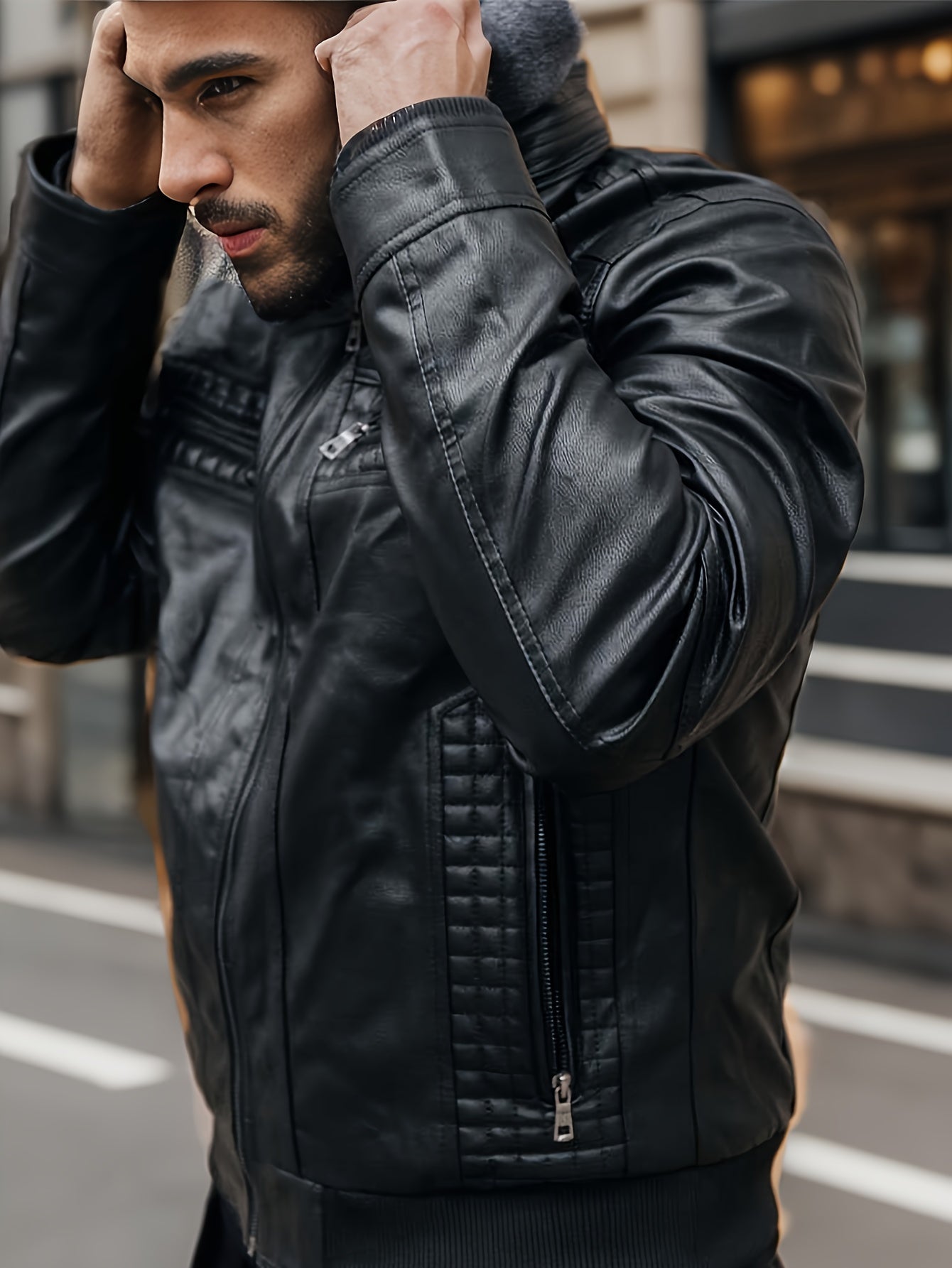 Men's Casual Stand Collar PU PU Leather Zip-Up Motorcycle Bomber Jacket with Removable Hood