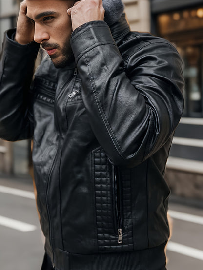 Men's Casual Stand Collar PU PU Leather Zip-Up Motorcycle Bomber Jacket with Removable Hood