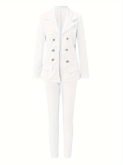 Business Casual Two-piece Set, Double-breasted Lapel Blazer & Slim Pants Outfits, Women'S Clothing