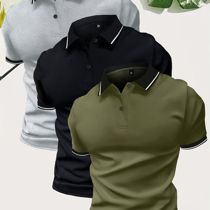 3Pcs Breathable Men's Golf Shirt, Regular Fit V-Neck Short Sleeve Casual T-Shirt for Summer