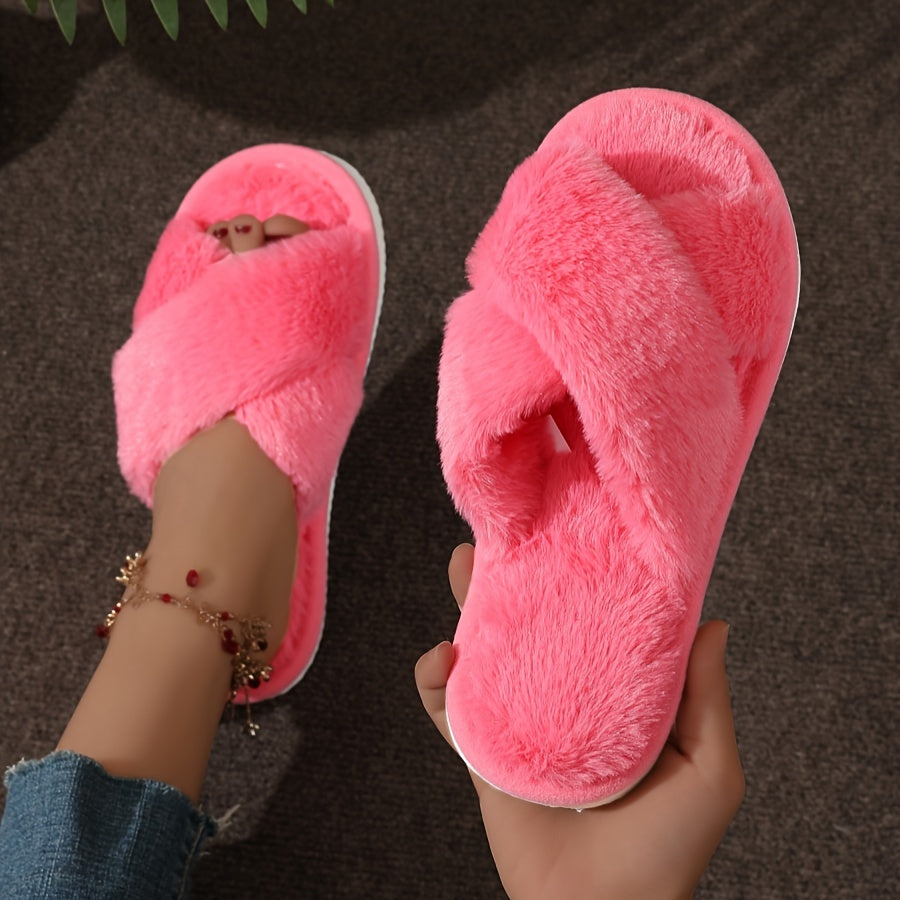 Cozy Crisscross Band Plush Indoor Slippers, Soft Sole Fuzzy Shoes, Non Slip Home Floor Slippers with Leopard Print