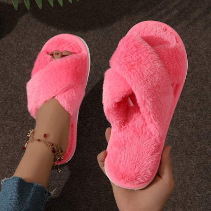 Cozy Crisscross Band Plush Indoor Slippers, Soft Sole Fuzzy Shoes, Non Slip Home Floor Slippers with Leopard Print
