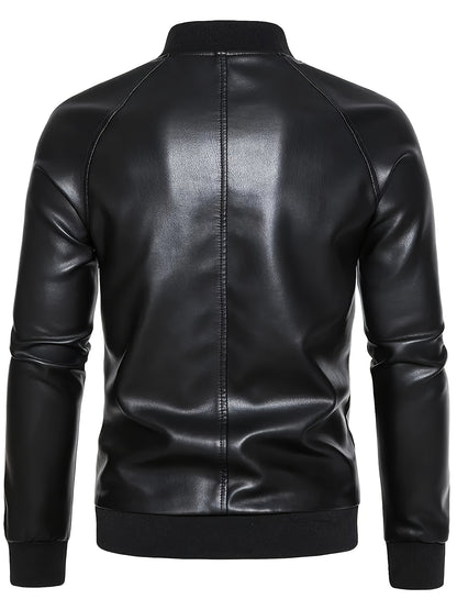 Men's Stylish Black PU Leather Jacket - Casual Baseball Collar, Zip-Up with Pockets, Loose Fit, Machine Washable, Perfect for Casual Attire