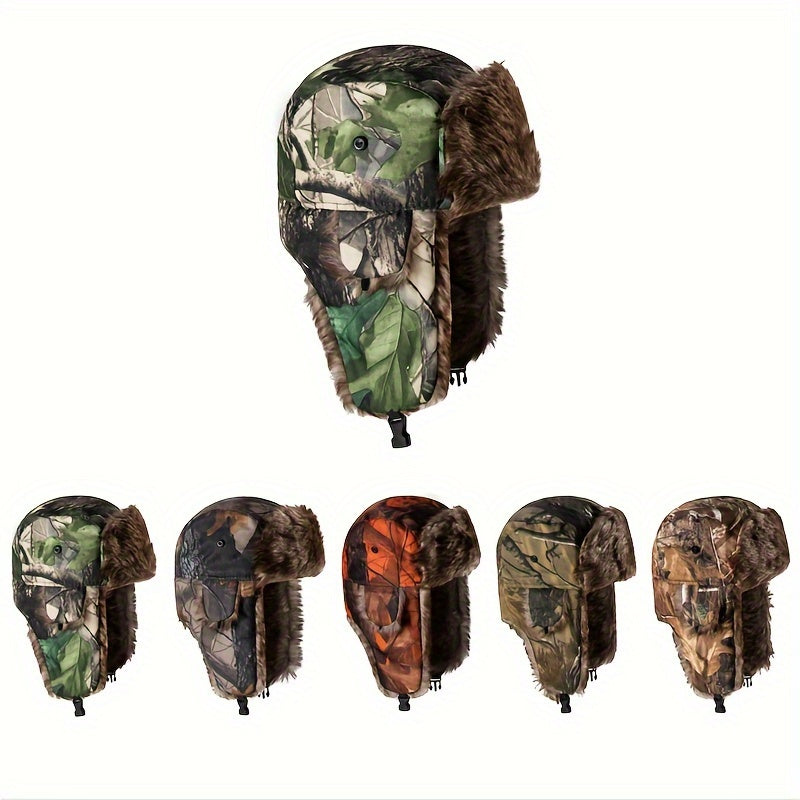 Camouflage Winter Trapper Hat Unisex Coldproof Fleece Ear Flap Hats Outdoor Hunting Hiking Bomber Hat For Women & Men