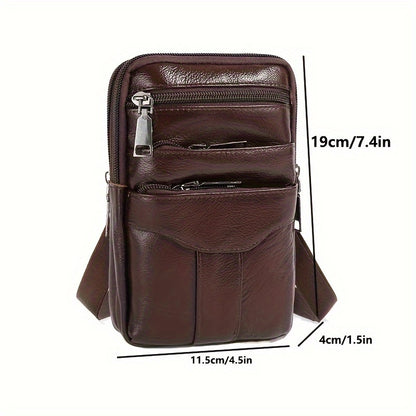 Men's Genuine Leather Crossbody Phone Holster - Brown Waist Pack with Multiple Zipped Pockets, Adjustable Strap & Headphone Hole for Casual Outings