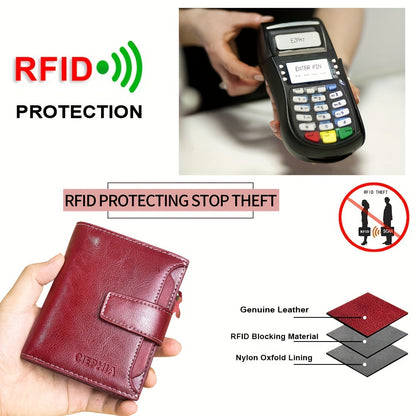 Genuine Leather RFID Blocking Wallet for Women - Stylish Bifold Card Holder with Detachable ID Window, Zipper Coin Pocket & Multiple Compartments, Red, Travel Accessory | Rfid Safe Wallet | Durable Leather, Card Holder Wallet