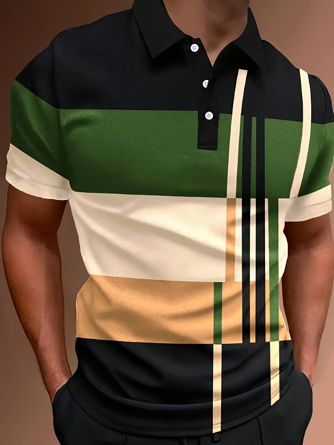 2024 Men'S Casual Geometric Print Knit Polo-Style Shirt with Lapel Collar and Slight Stretch - 100% Polyester Material - Regular Fit