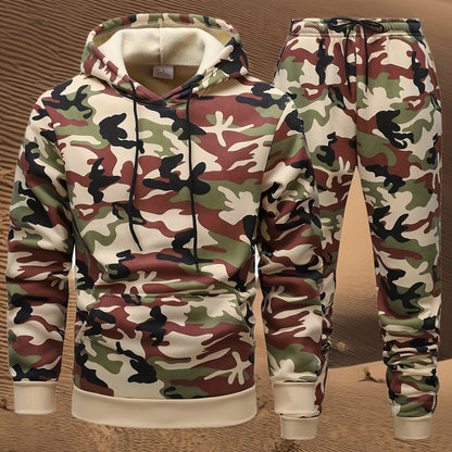 Men'S Camo Hooded Sweatshirt and Pants Set, Casual Outdoor Polyester 100% Full Body Suit, Long Sleeve Pullovers with Drawstring, Regular Fit, 3D Printing, Knit Fabric, Slight Stretch, for Hiking, Camping, Hunting, Running, Tr